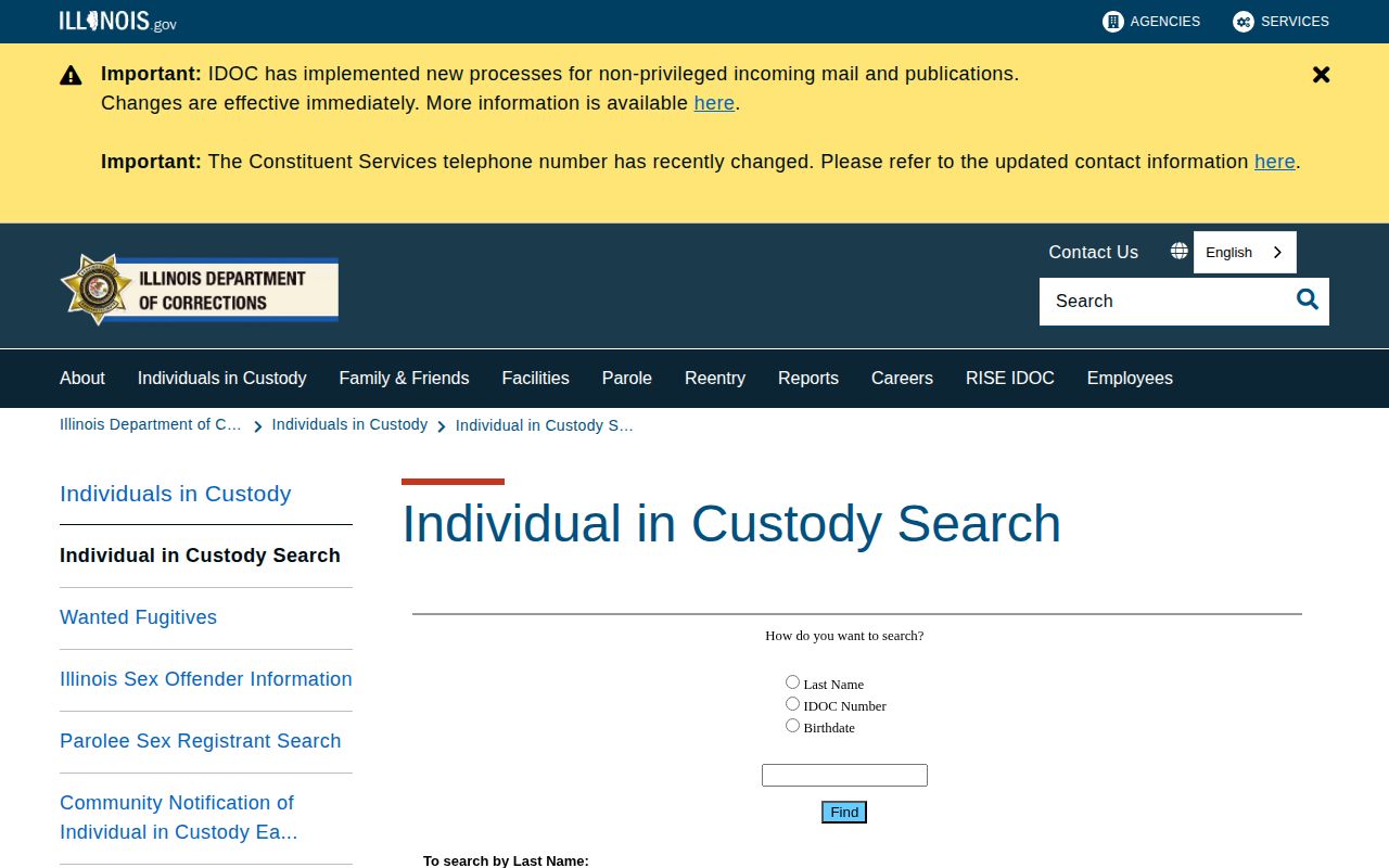 Illinois Department of Corrections individual in custody search for Adams County custody transitions