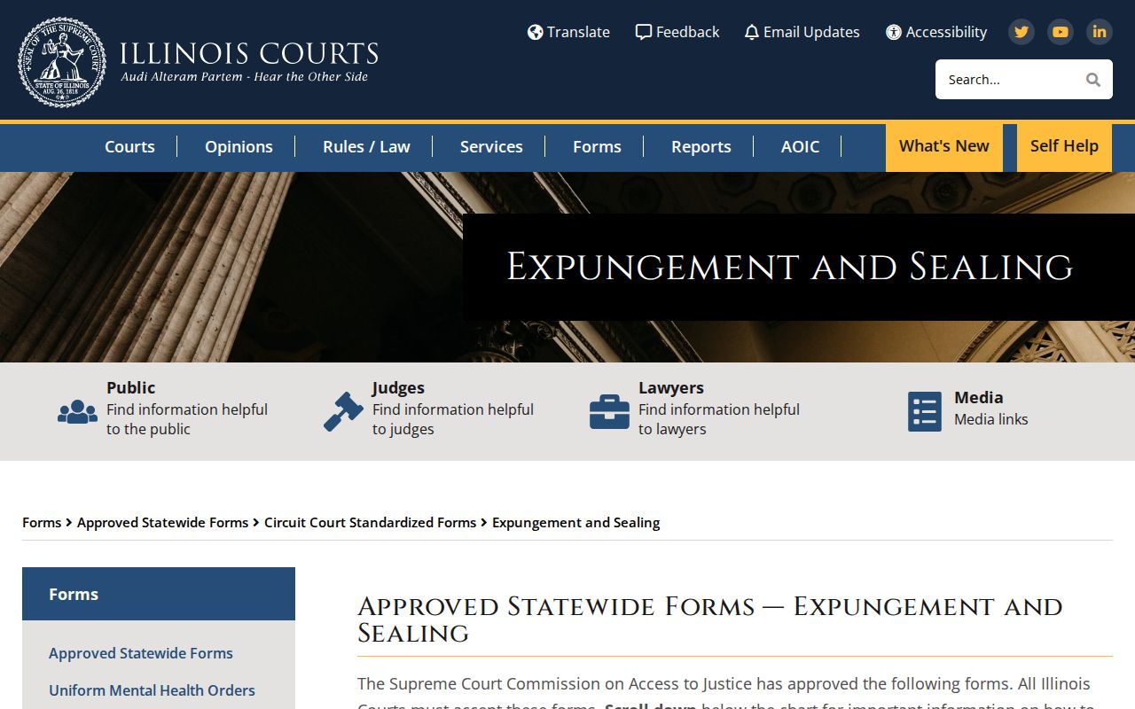 Illinois Courts expungement and sealing forms for Adams County record questions